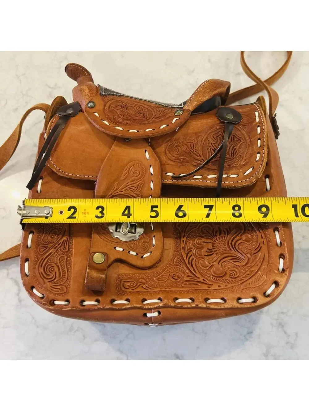 Vintage Tan Western Hand Tooled Leather Horse Saddle Bag Purse Mexico Brown - Picture 5 of 8